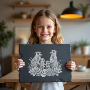 Slate Cheese Board Engraving, Meerkat Family with Succulents,