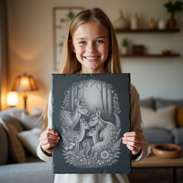 Slate Cheese Board with Deer Family Engraving, Forest