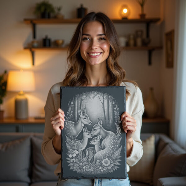 Slate Cheese Board with Deer Family Engraving, Forest