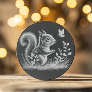 Slate Coaster Engraving Design, Squirrel and Butterfly Scene,