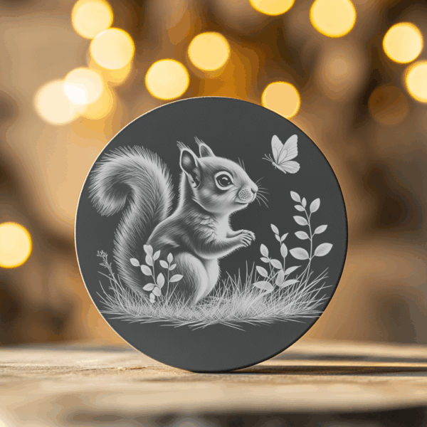Slate Coaster Engraving Design, Squirrel and Butterfly Scene,
