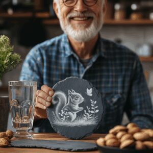 Slate Coaster Engraving Design, Squirrel and Butterfly Scene,