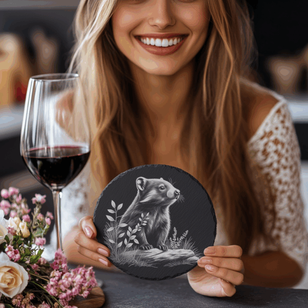 Slate Coaster Engraving Design, Weasel in Grass, Downloadable