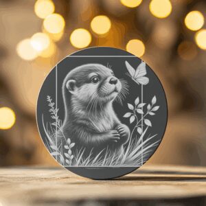 Slate Coaster Engraving File, Otter with Butterfly Design,