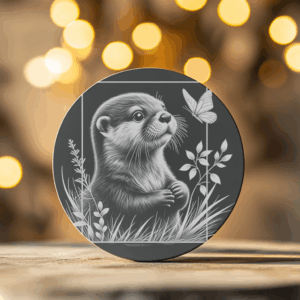 Slate Coaster Engraving File, Otter with Butterfly Design,