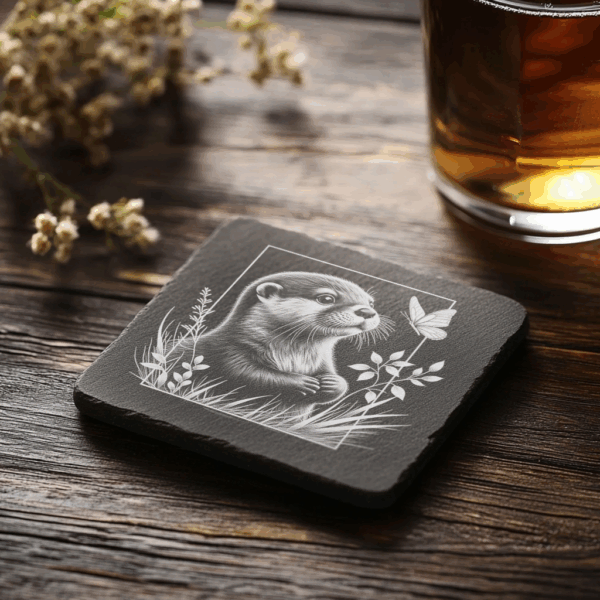 Slate Coaster Engraving File, Otter with Butterfly Design,