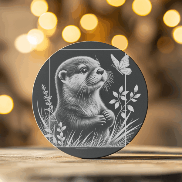 Slate Coaster Engraving File, Otter with Butterfly Design,