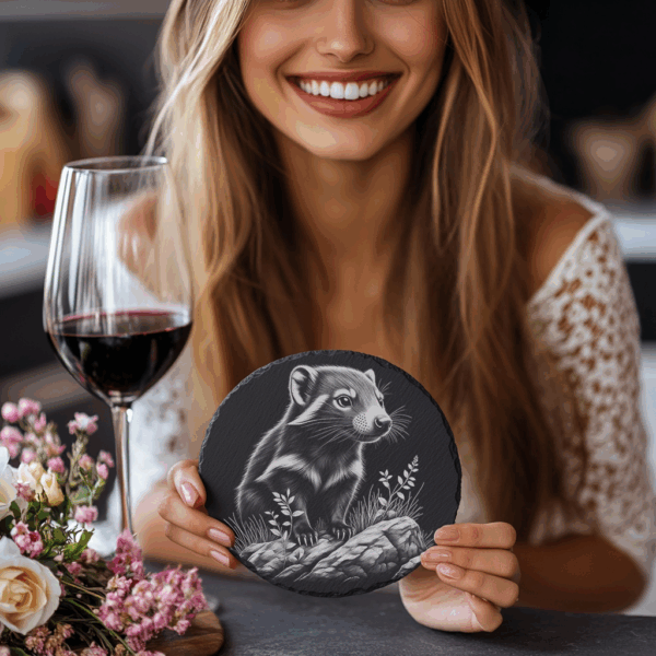 Slate Coaster Engraving File, Weasel on Rock PNG,