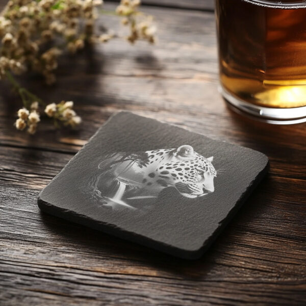Slate Coaster Laser Engraved Wild Panther Double Exposure