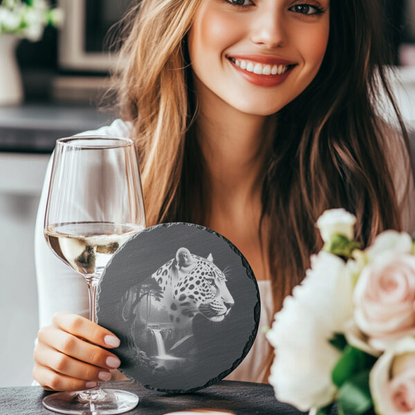 Slate Coaster Laser Engraved Wild Panther Double Exposure