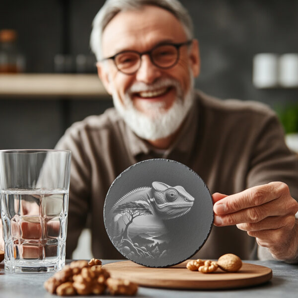 Slate Coaster Laser Engraving, Chameleon Wild Animal Art,