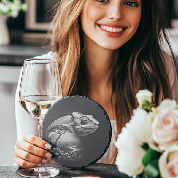 Slate Coaster Laser Engraving, Chameleon Wild Animal Art,