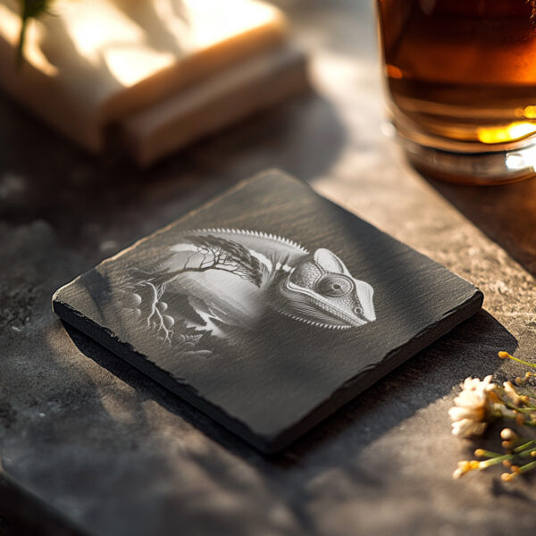 Slate Coaster Laser Engraving, Chameleon Wild Animal Art,