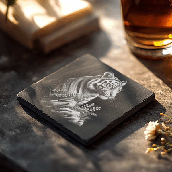 Tiger Slate Coaster Laser Engraving Design, Wildlife Art
