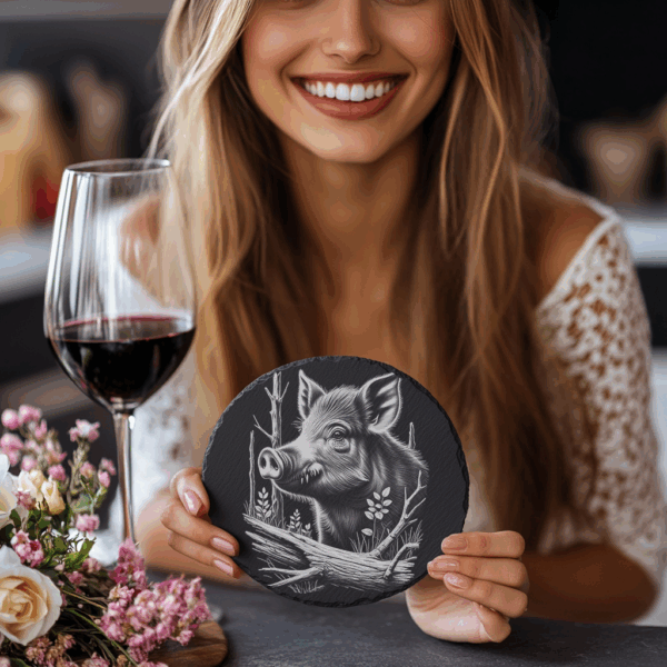 Wild Boar Forest Laser Engraving PNG, Slate Coaster