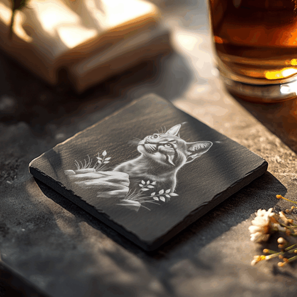 Wild Lynx Slate Coaster Engraving, 3D Illusion PNG,