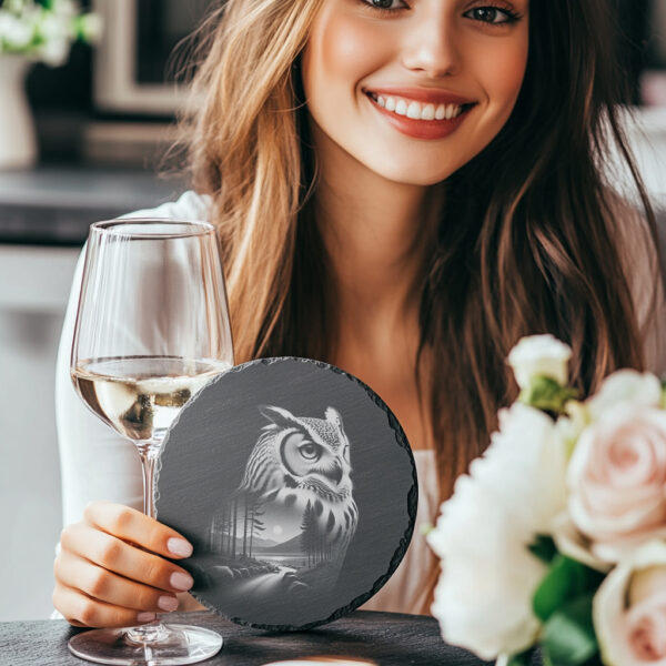 Wild Owl Laser Engraving File, Slate Coaster PNG,