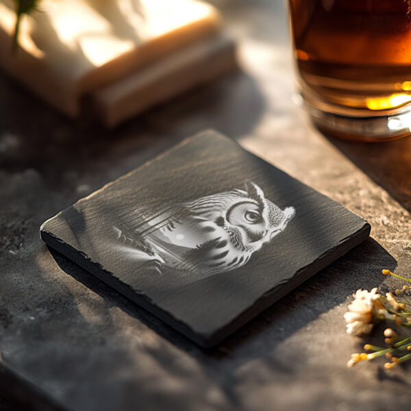 Wild Owl Laser Engraving File, Slate Coaster PNG,
