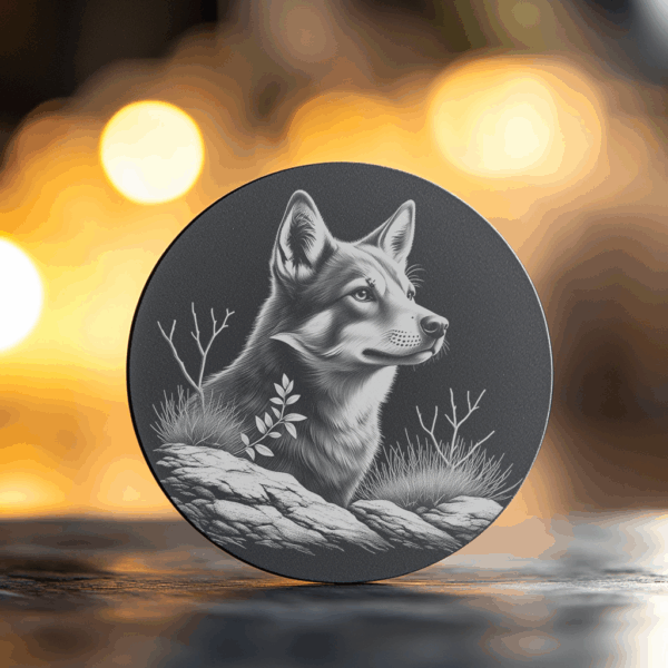 Wolf in Grass Slate Coaster Engraving File, PNG