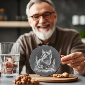 Cat on Rock Slate Coaster Laser Engraving PNG,