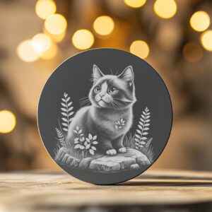 Cat on Rock Slate Coaster Laser Engraving PNG,