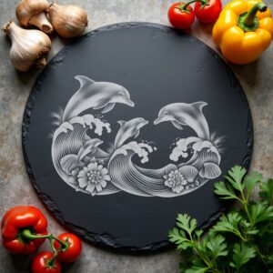 Slate Cheese Board Engraving File, Dolphin Family Sunset,