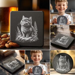 Cute Cat Slate Coaster Engraving Designs Bundle, Digital