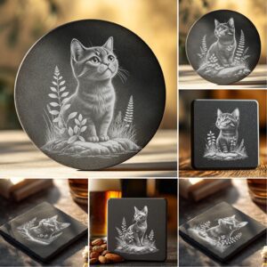 Cute Cat Slate Coaster Engraving Designs, Laser PNG,