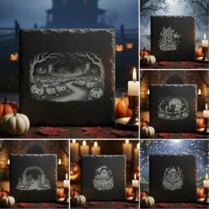 Halloween Engraving File Bundle, Spooky Slate Coaster PNG