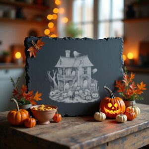 Halloween Laser Engraved Haunted Dollhouse Cheese Slate, Charcuterie
