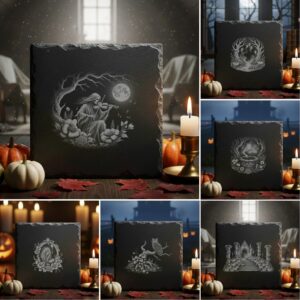 Halloween Laser Engraving Bundle, 6 Spooky Slate Coaster