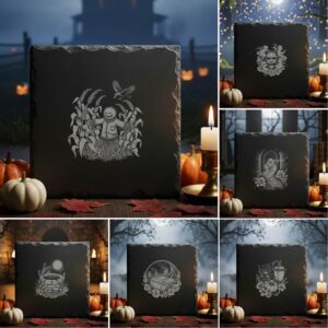 Halloween Laser Engraving File Bundle, Spooky Slate Coaster