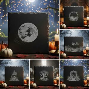 Halloween Laser Engraving File Bundle, Spooky Slate Coaster