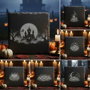 Halloween Laser Engraving PNG Bundle, Spooky Slate Coaster