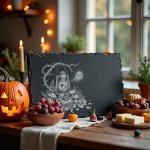 Halloween Slate Cheese Board, Laser-Ready Lantern Design, Spooky