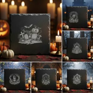 Halloween Slate Coaster Engraving File Bundle, Spooky Design