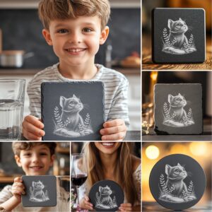 Slate Coaster Laser Engraving PNG Bundle, Cute Cat