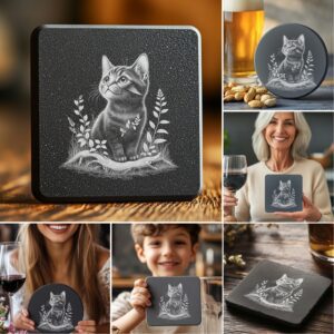 Slate Coaster Laser Engraving PNG Bundle, Cute Cat