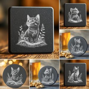 Slate Coaster Laser Engraving PNG Bundle, Cute Cat