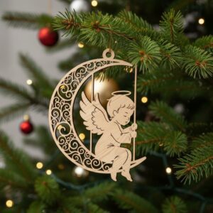 Angel Moon Ornament, Christmas Angel Silhouette, Laser Engraved