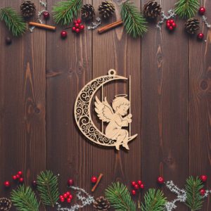 Angel Moon Ornament, Christmas Angel Silhouette, Laser Engraved