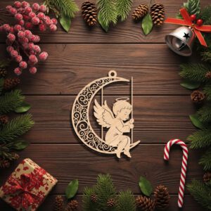 Angel Moon Ornament, Christmas Angel Silhouette, Laser Engraved