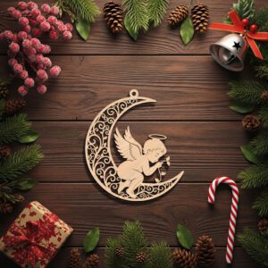 Angel Moon Ornament File, Laser Engraved Christmas Decor,