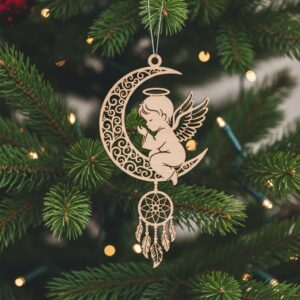 Angel Moon Ornament, Laser Engraved Celestial Christmas Decor