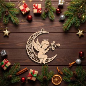 Angel on Moon Christmas Ornament Laser File, Celestial