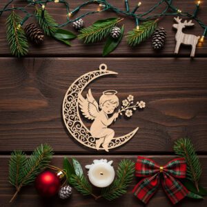Angel on Moon Christmas Ornament Laser File, Celestial