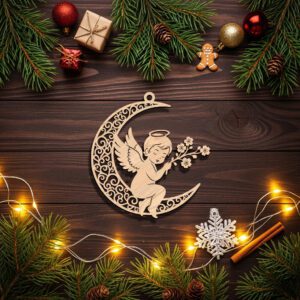 Angel on Moon Christmas Ornament Laser File, Celestial