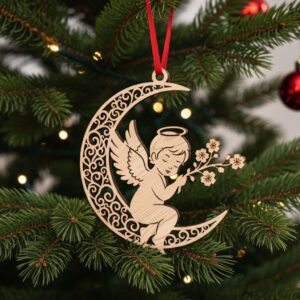 Angel on Moon Christmas Ornament Laser File, Celestial