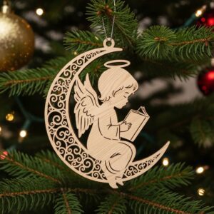 Angel on Moon Laser File, Celestial Christmas Ornament,
