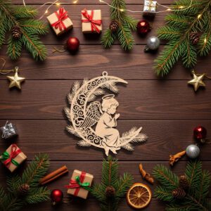 Angel on Moon Ornament, Christmas Laser File, Celestial